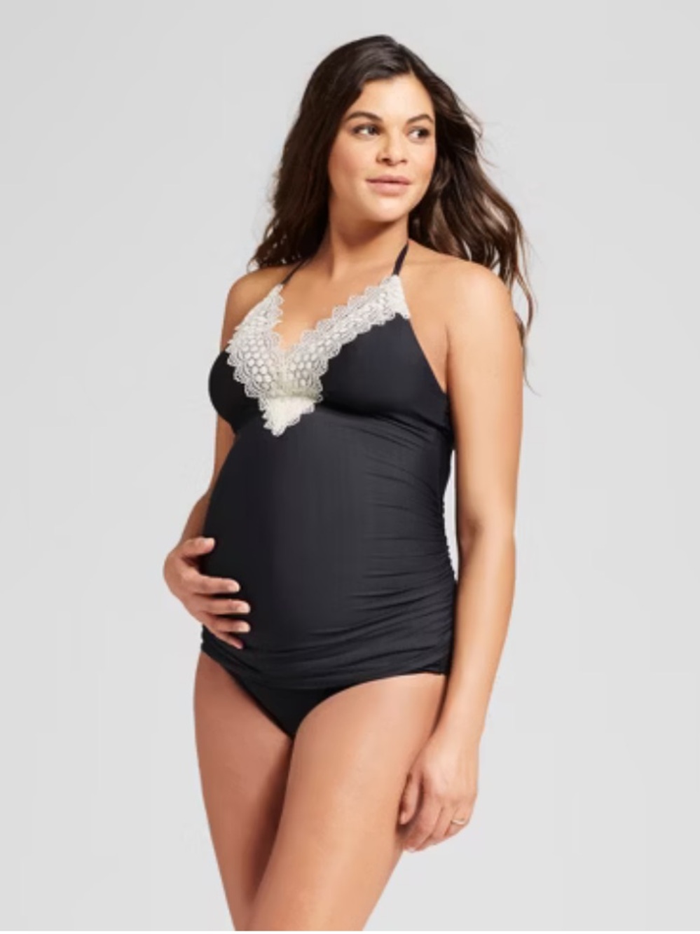 Sea Angel Maternity Crochet Lace Ruched Spaghetti Strap Swim Tankini Black L